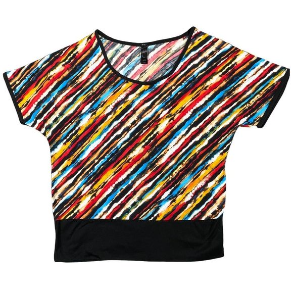 Plus size 1x colorful wavy stripes shirt swoop neck batwing arms thick black hem - Picture 1 of 9